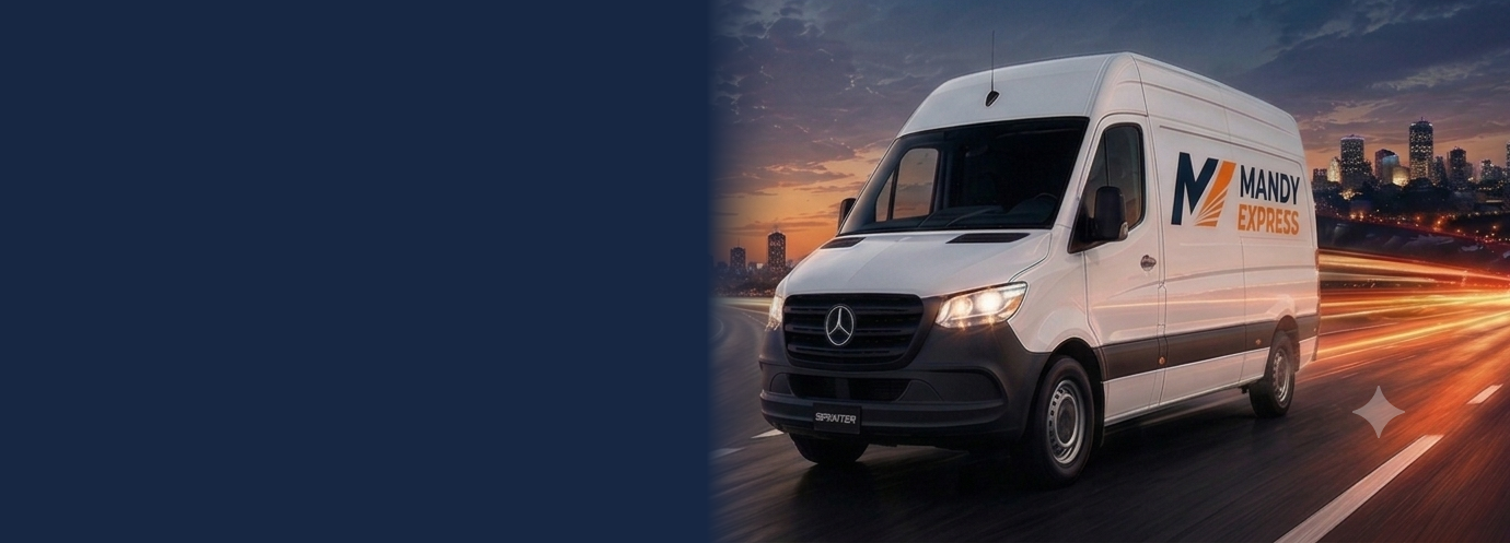 Mandy Express Sprinter cargo van running the Highway 401 corridor at dusk