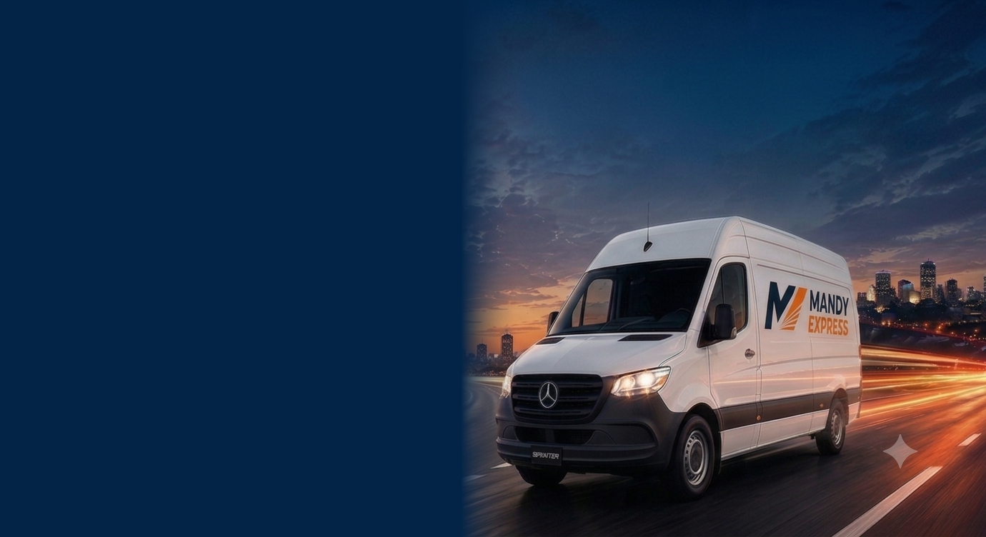 2025 Mercedes-Benz Sprinter Extended High Roof cargo van with Mandy Express logo and slogan on Highway 401 near Toronto